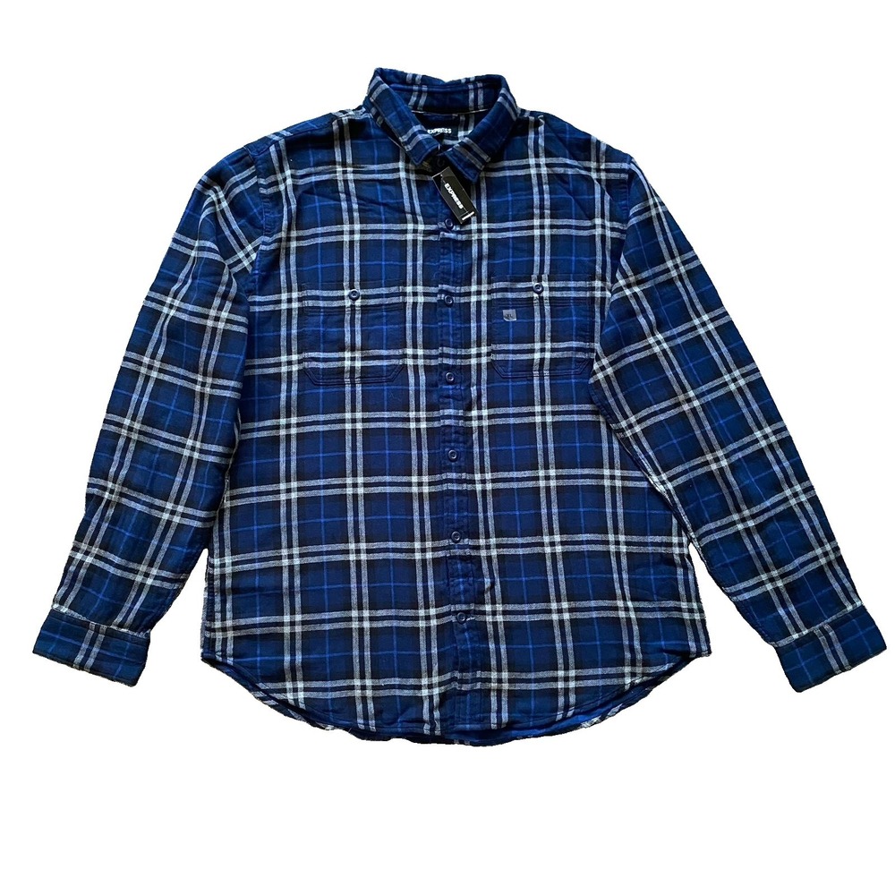 Express Flannel Plaid Shirt Men Size XL Blue Button Up Everyday Casual Outdoor